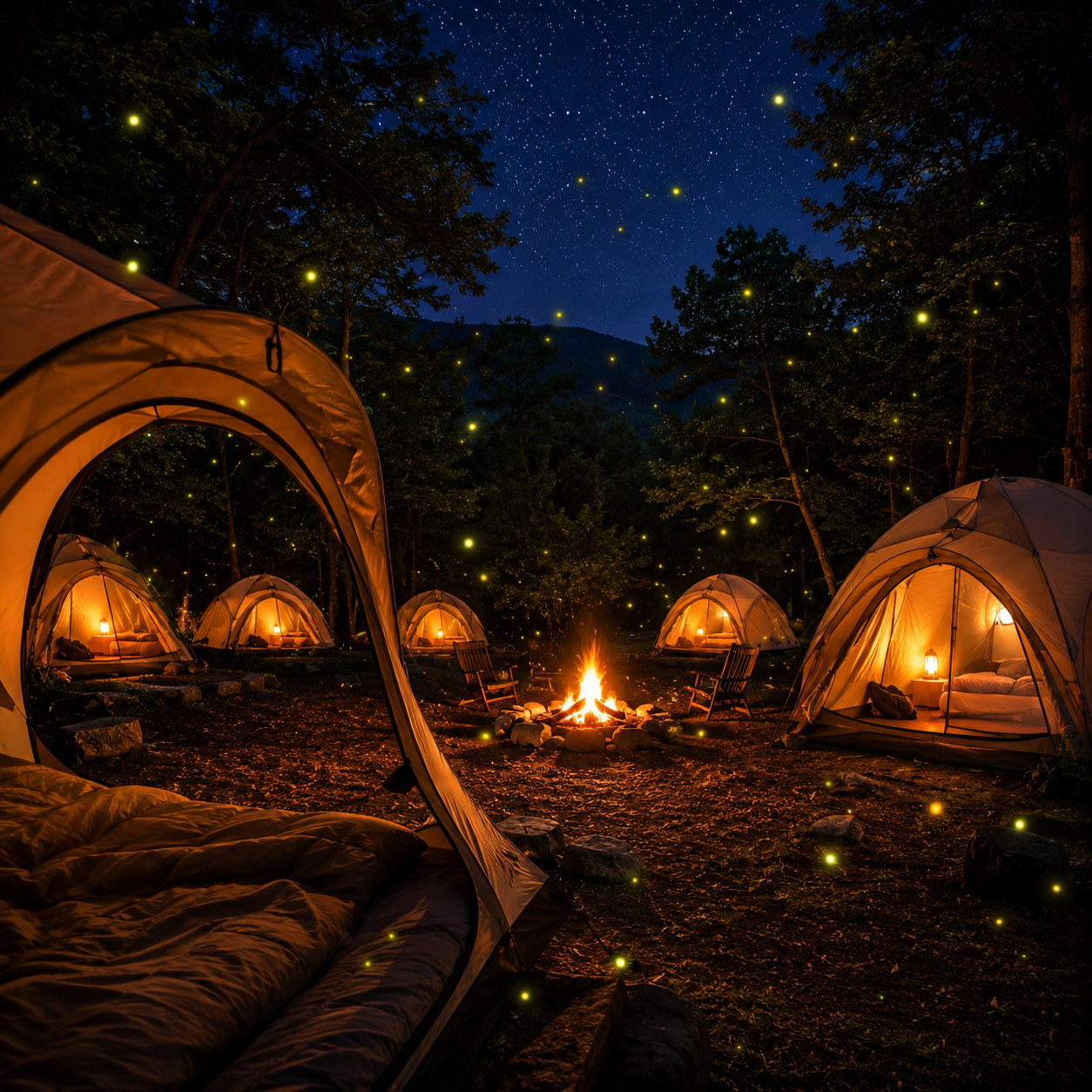 Tent camping by Bhandardara Lake at night