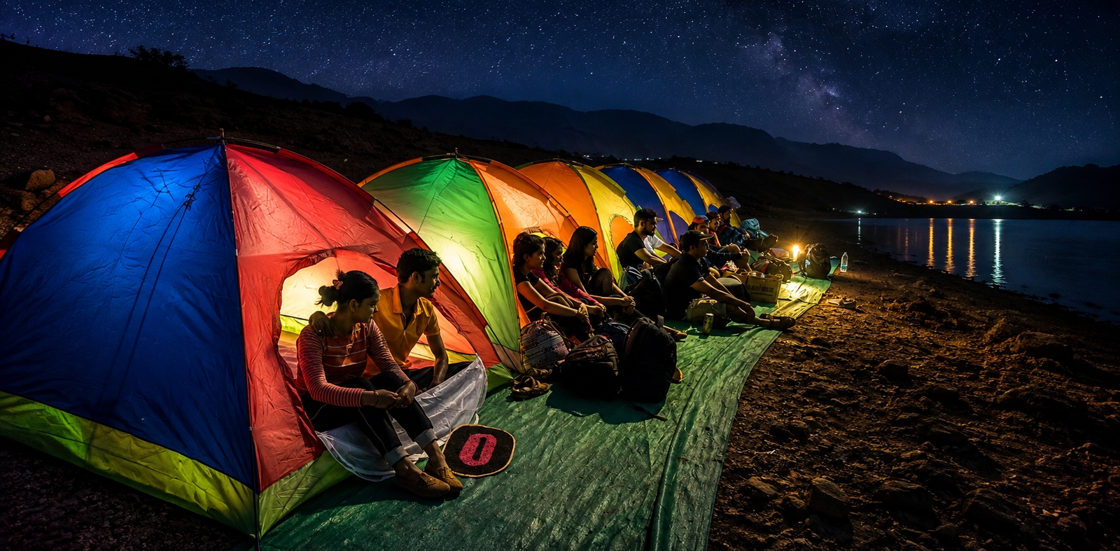 Tent camping by Bhandardara Lake at night